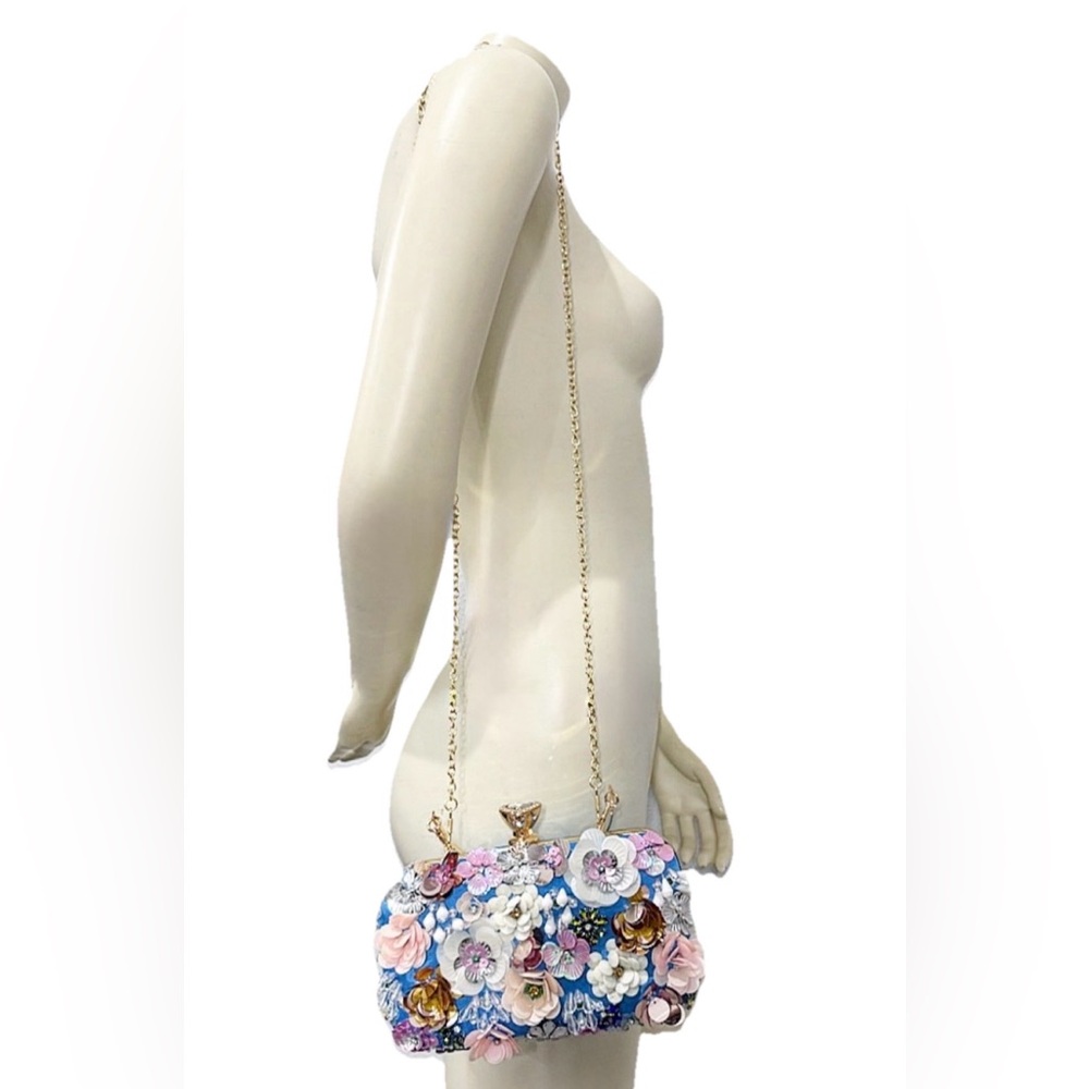 Bebe Blue Satin Floral Embellished Daisy Clutch w/ Chain Strap | NWT - Picture 7 of 14